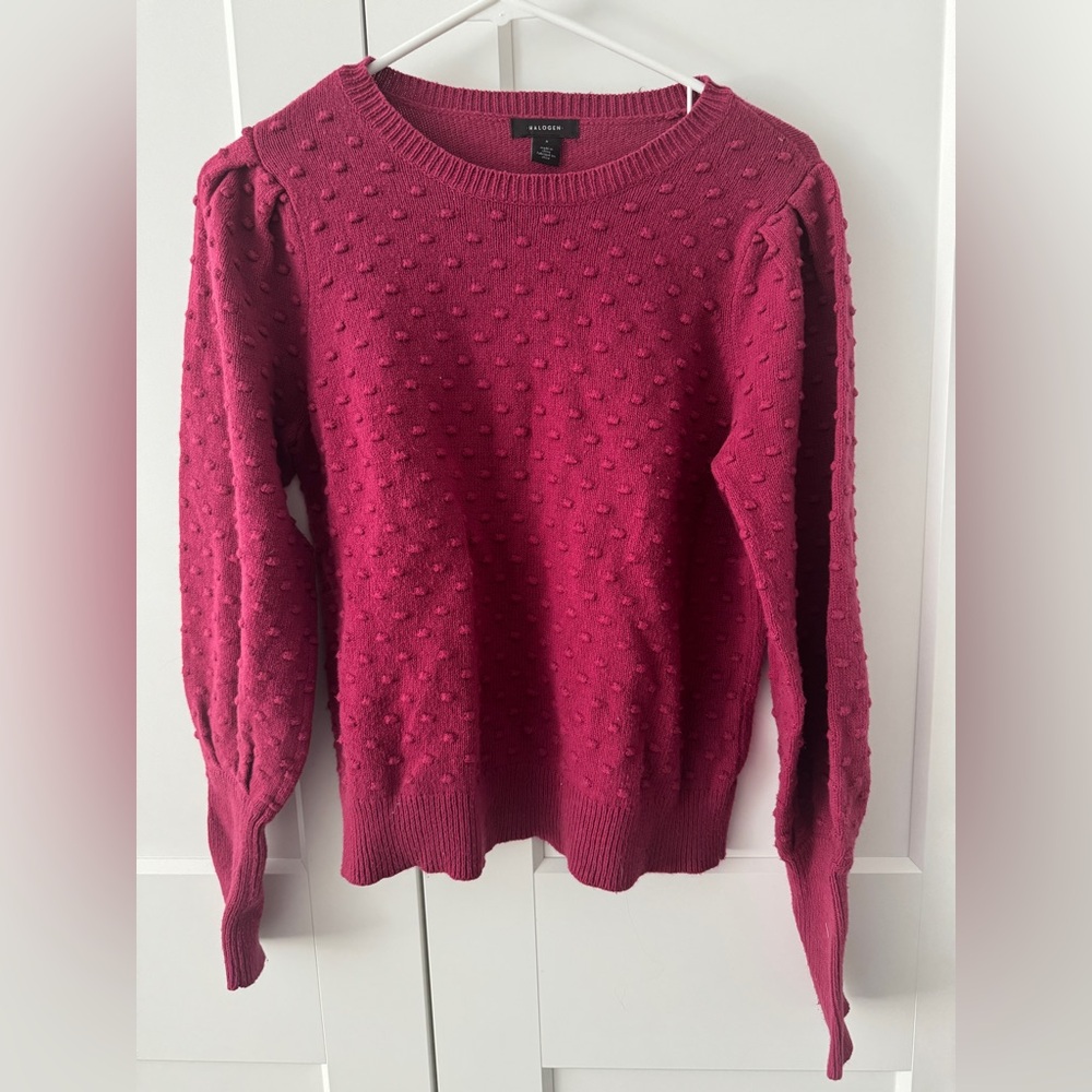 Halogen Women's Small Cranberry Popcorn/Bobble Textured, Puff Sleeve Sweater